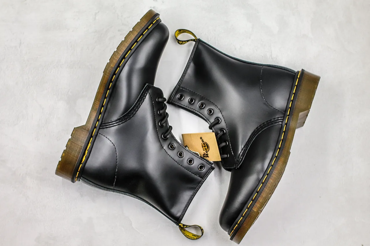 Dr. Martens 1460 Black Smooth Leather Yellow Stitch Martin Boots