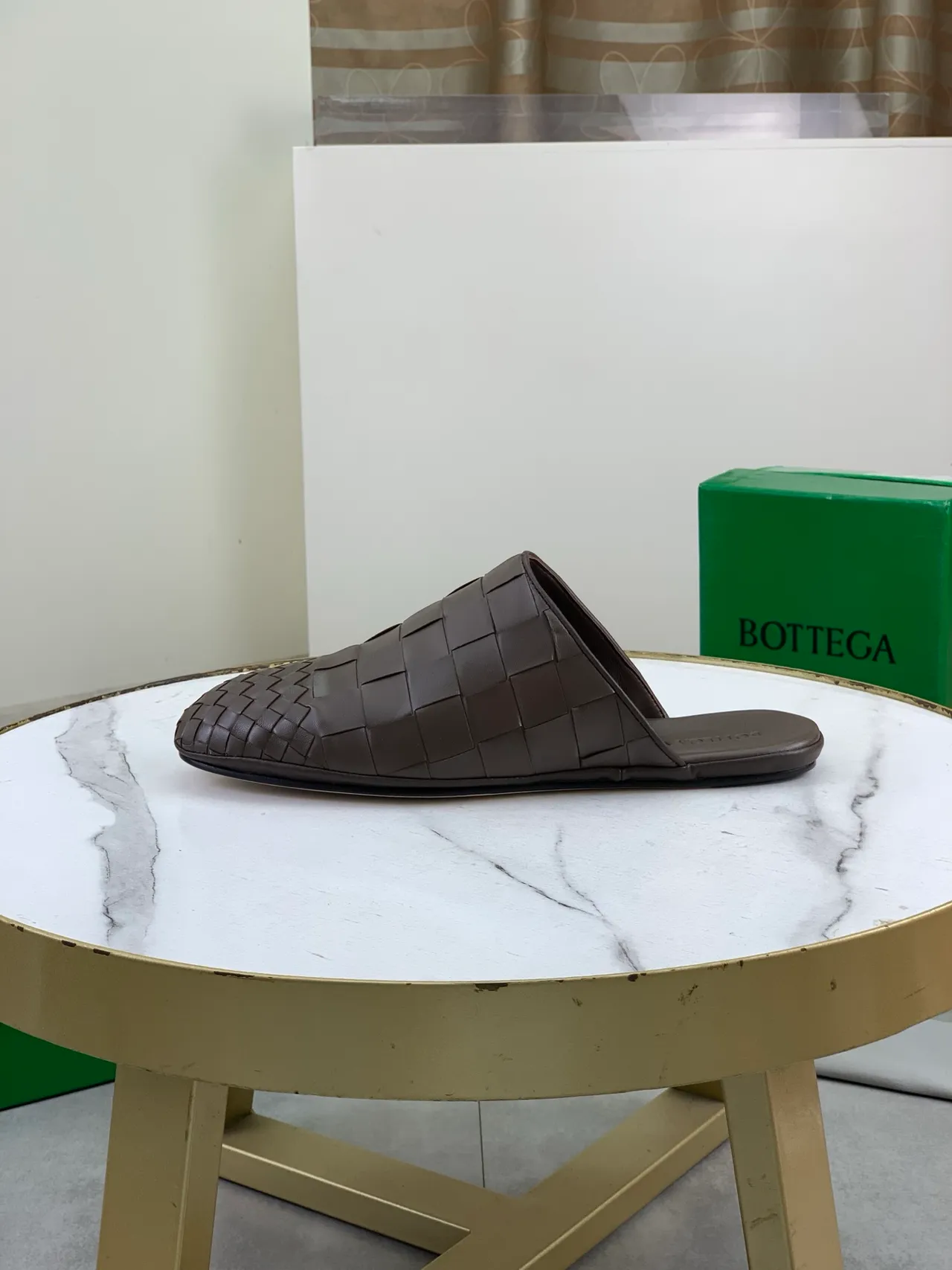 Bottega Veneta Cassette Woven Brown Leather Slippers