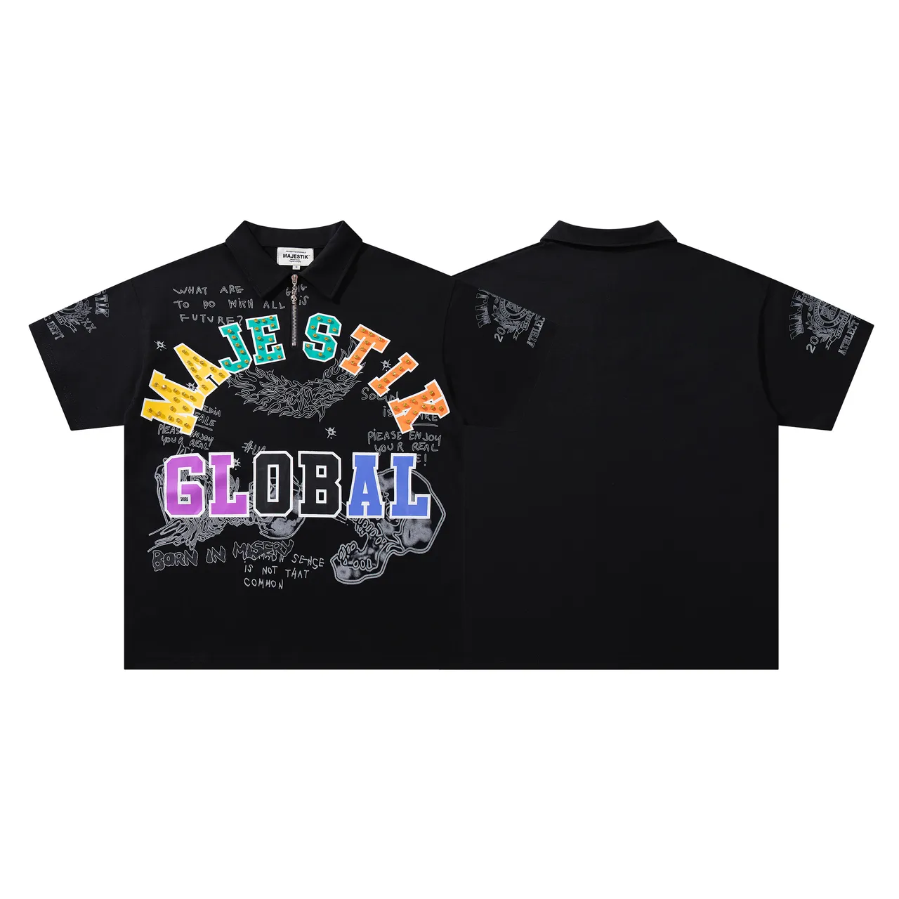 MAJESTIK Graphic-Print Zip-Placket Black Polo Shirt