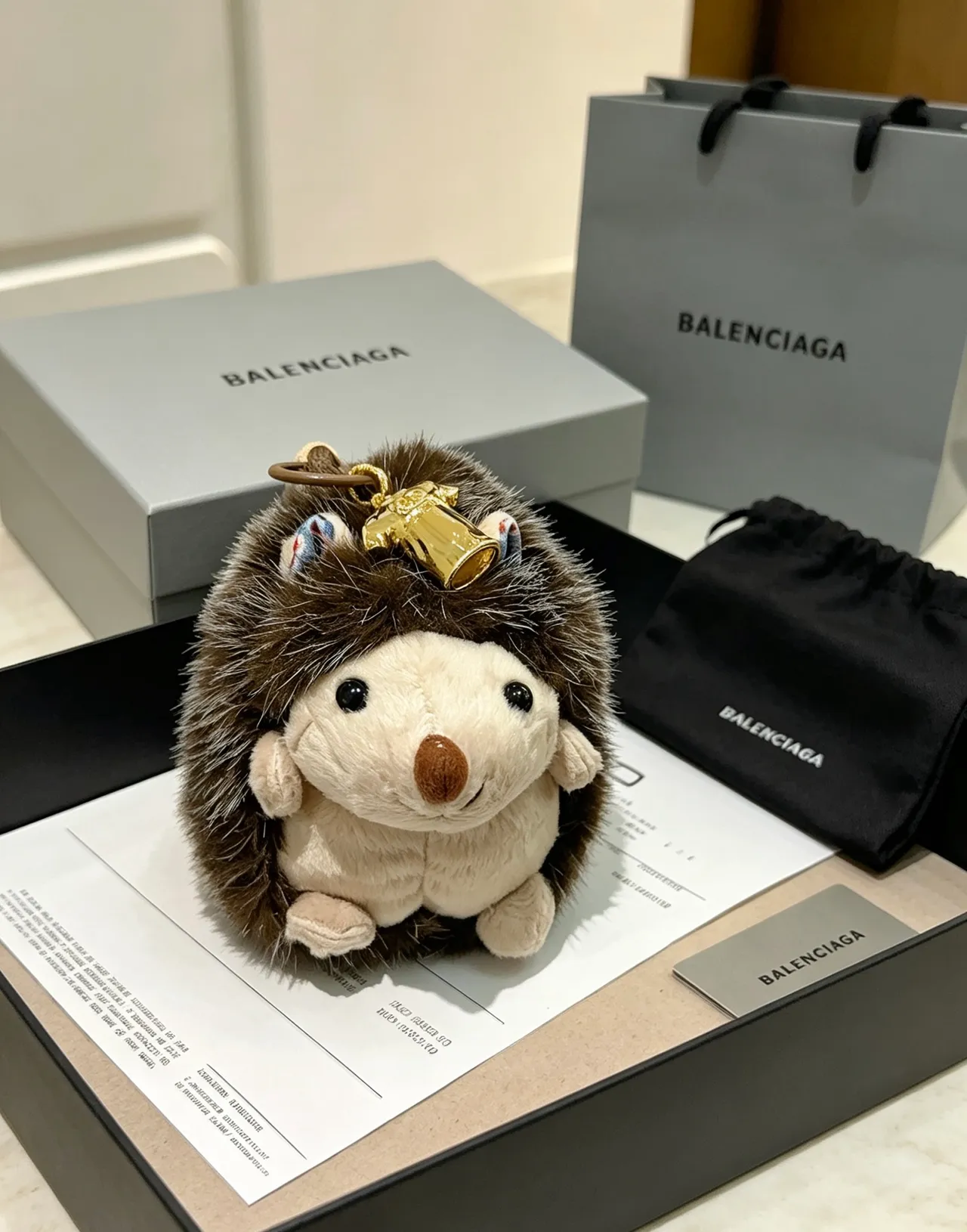 Balenciaga Brown Gold Plush Hedgehog Faux Fur Crossbody Bag