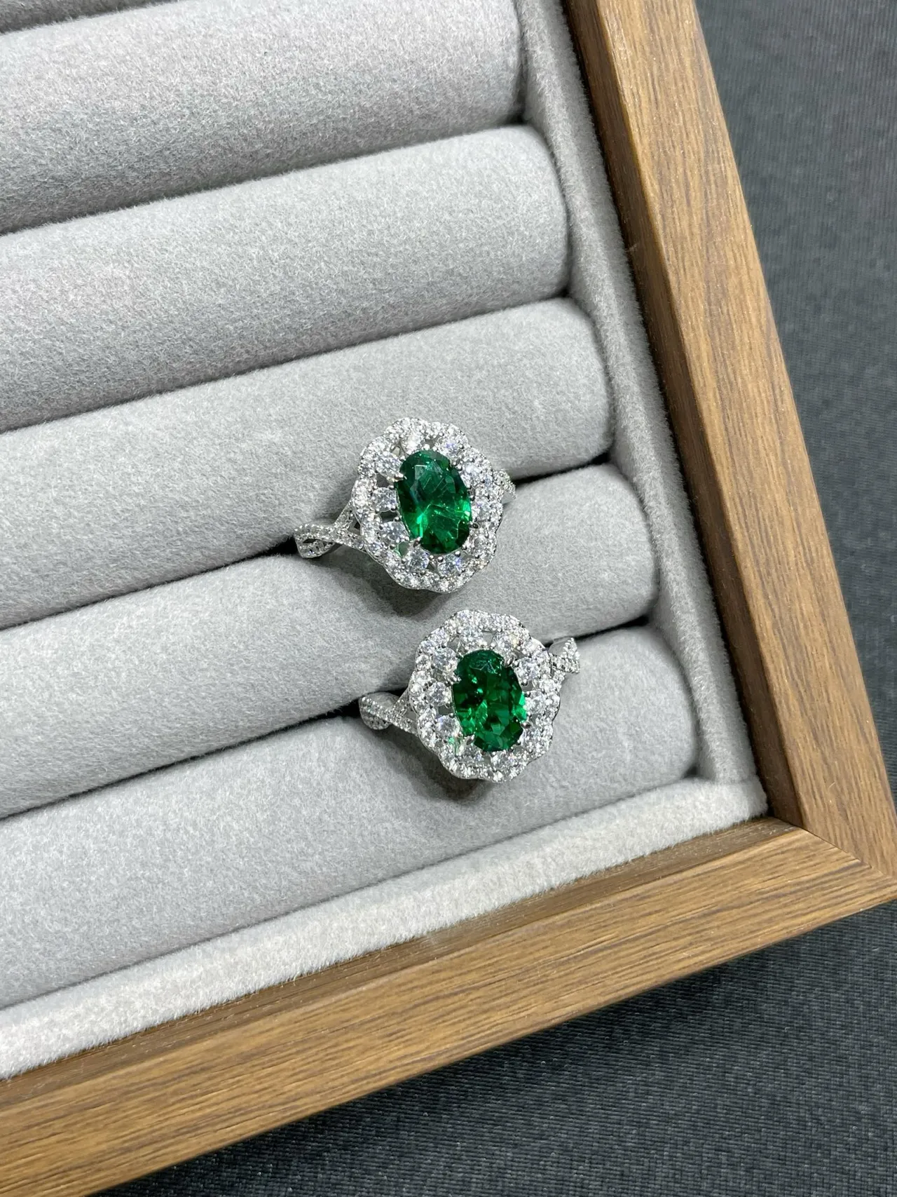 Green Silver Oval-Cut Center Stones Pavé Halo Surround Earrings