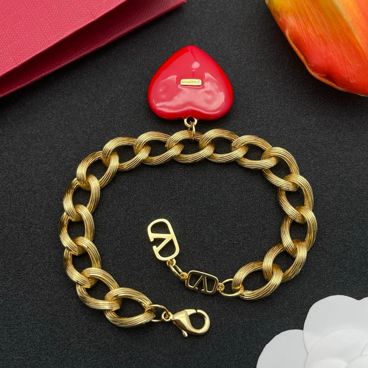 Valentino VLogo Heart Red Enamel Gold-Tone Chain Bracelet