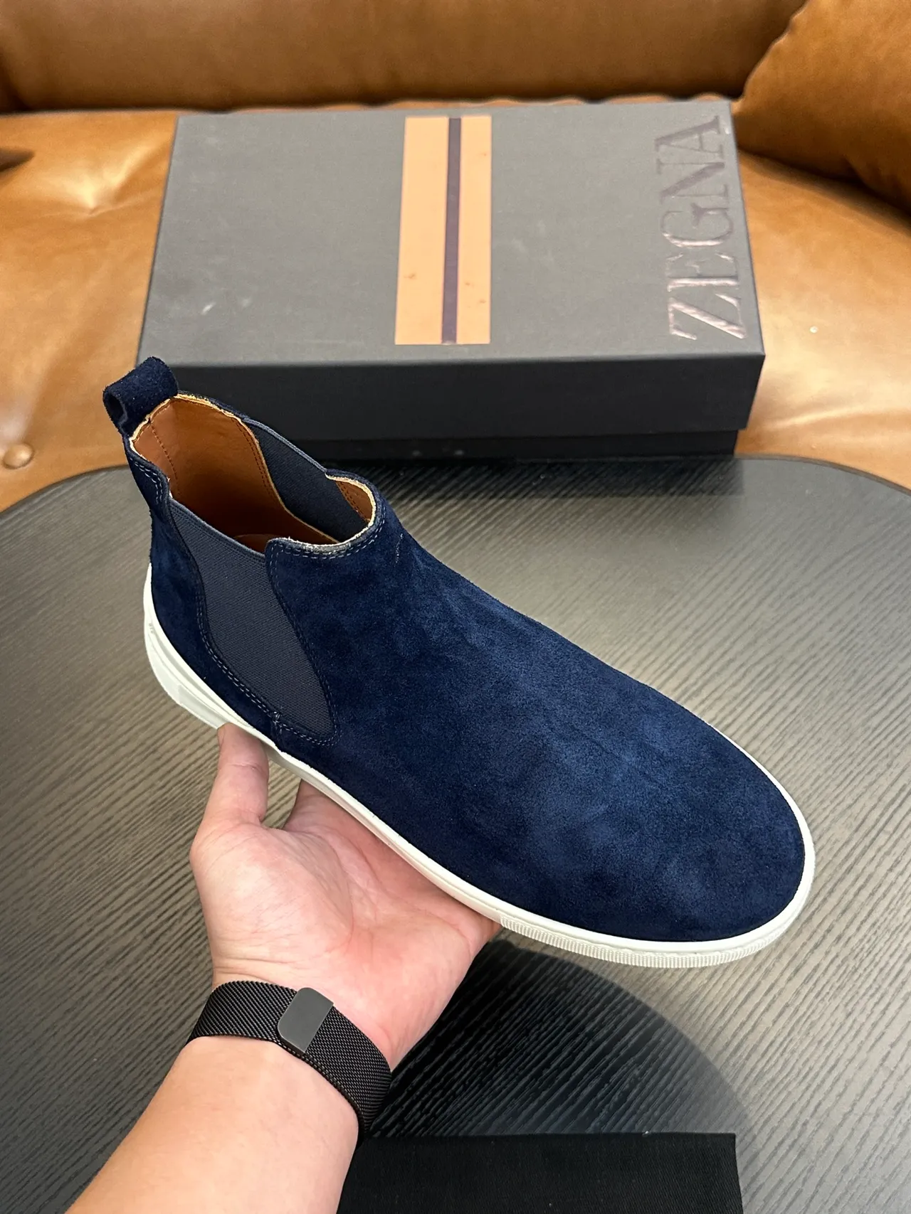 Zegna Navy White Suede Elastic Side Panels Chelsea Boots