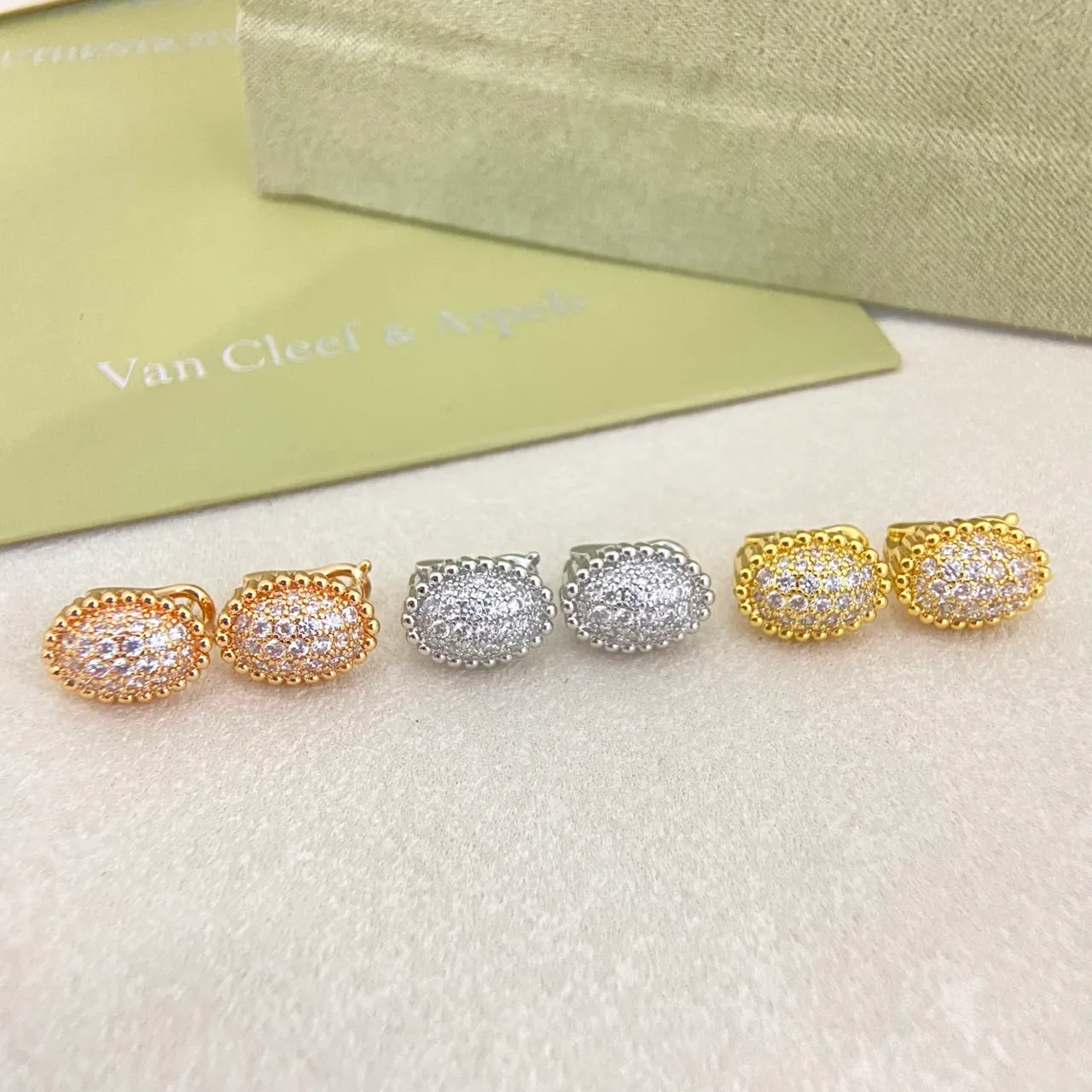 Van Cleef & Arpels Gold Silver Oval Pavé Studs Beaded Border Edge Earrings