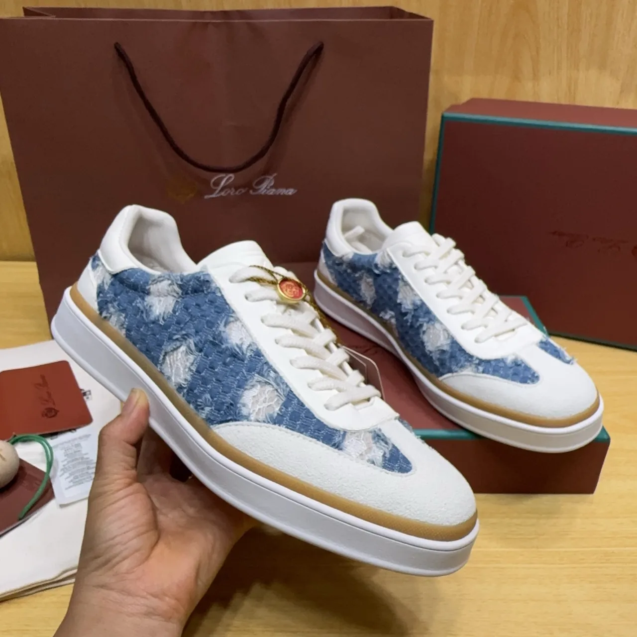 Loro Piana Denim-Textured White and Blue Lifestyle Sneakers