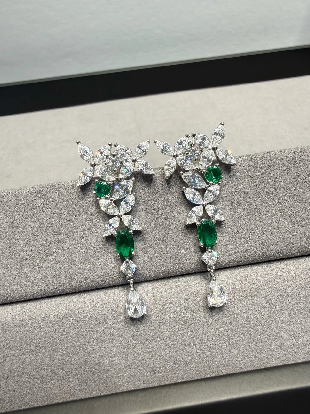 Floral Motif Marquise-Cut Green and Clear Stone Drop Earrings