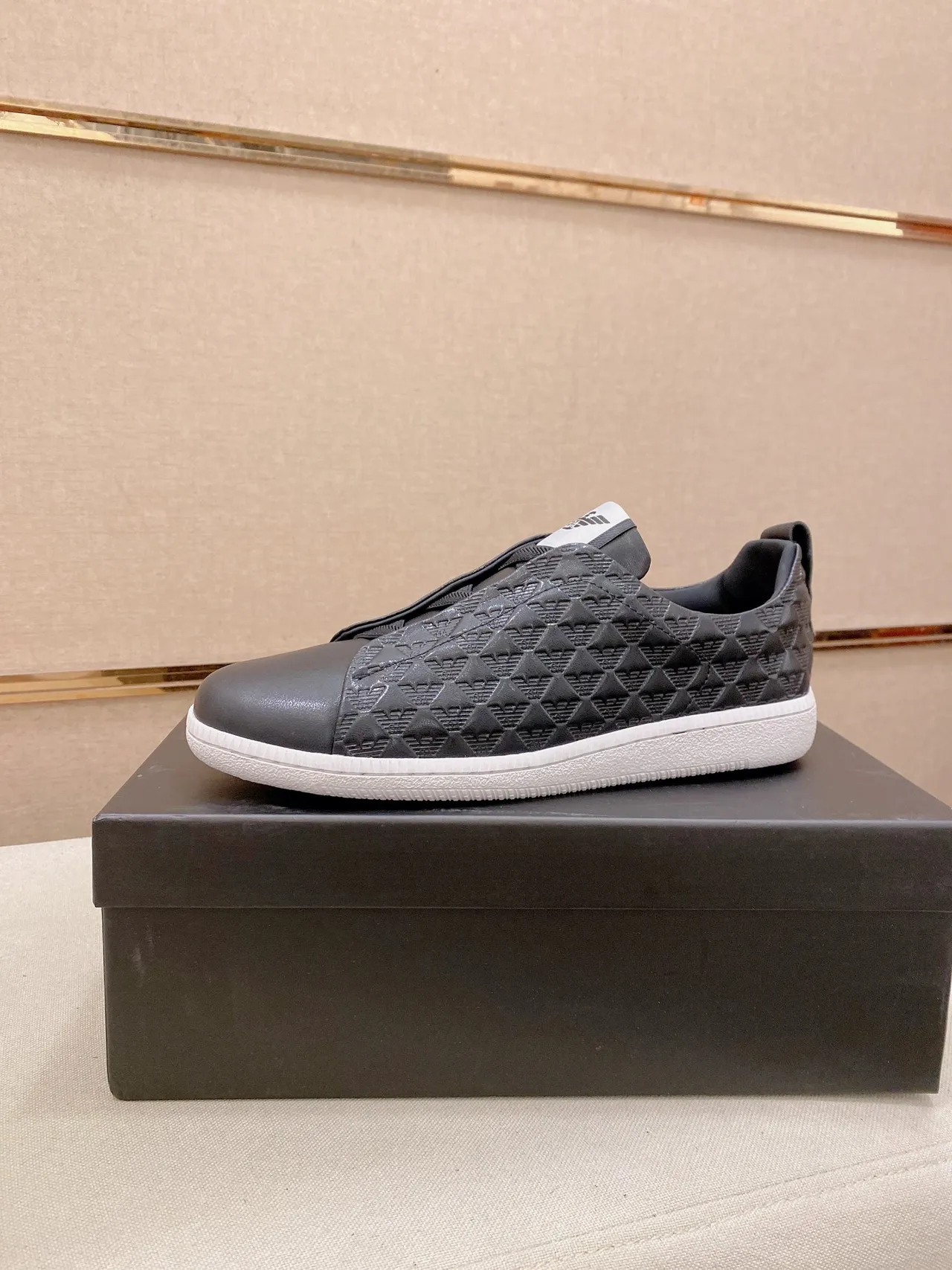 Emporio Armani Black White Slip-On Quilted Eagle-Motif Upper Lifestyle Sneakers