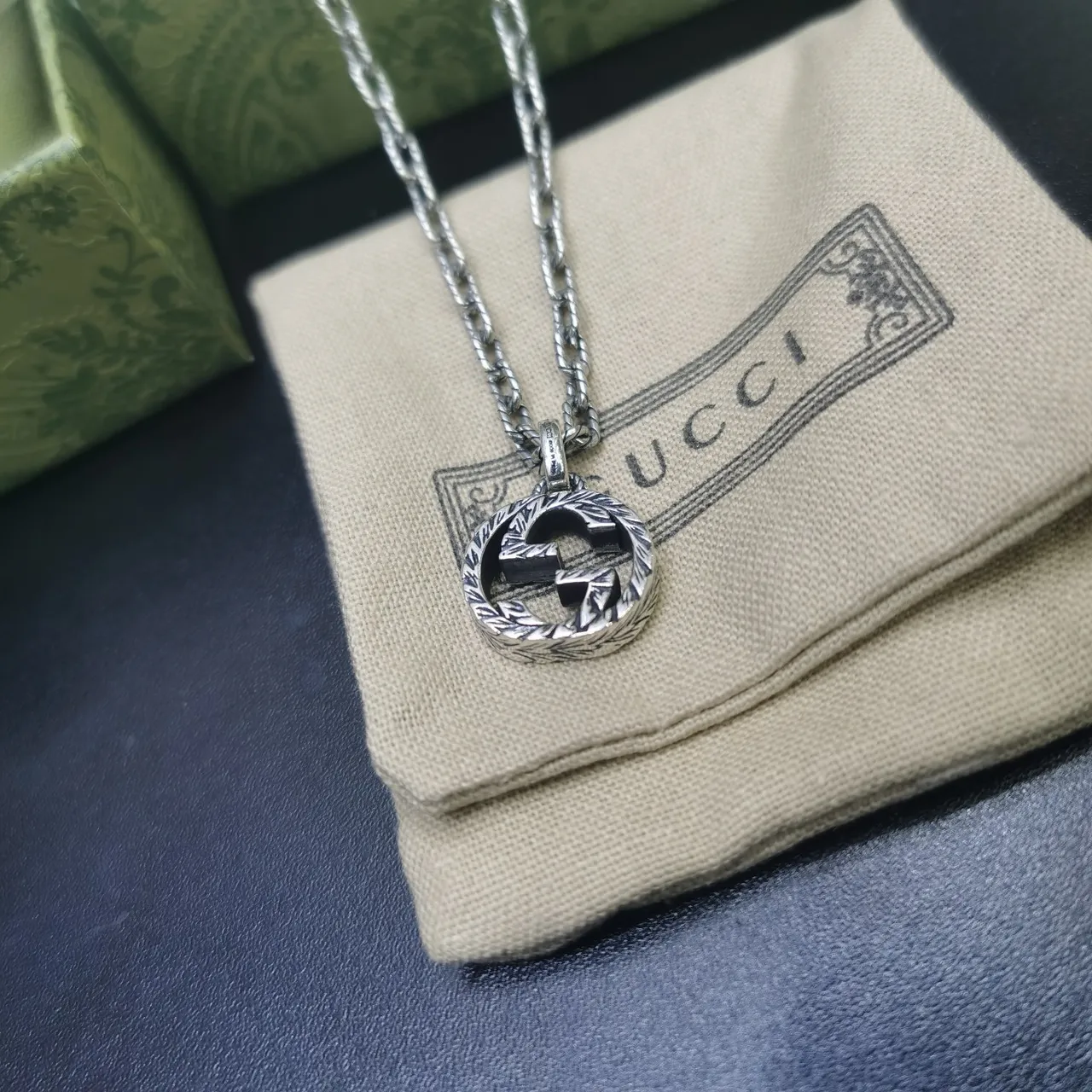 Gucci Silver Interlocking Double-G Pendant Engraved Laurel Wreath Border Necklace