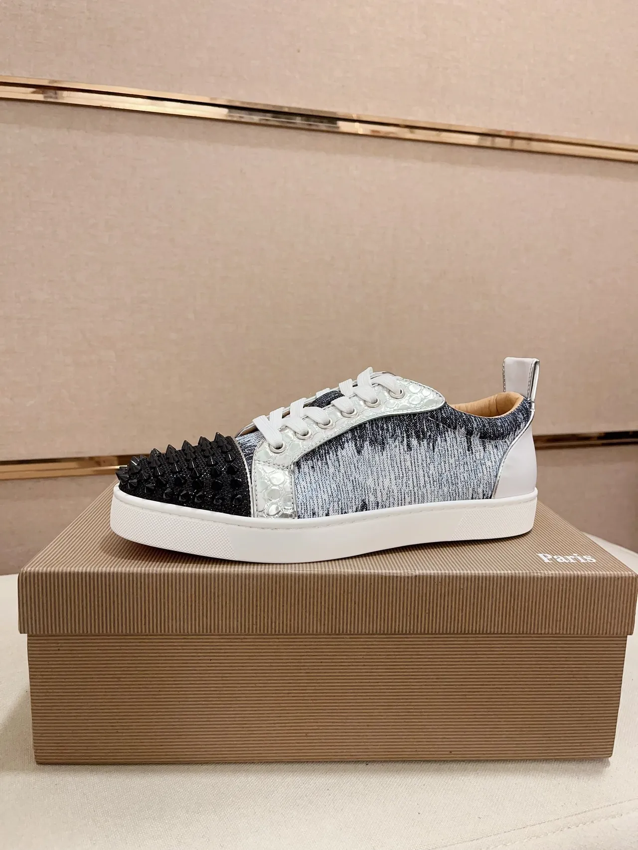 Christian Louboutin Black Blue Spiked Toe Cap Knit Gradient Upper Sneakers