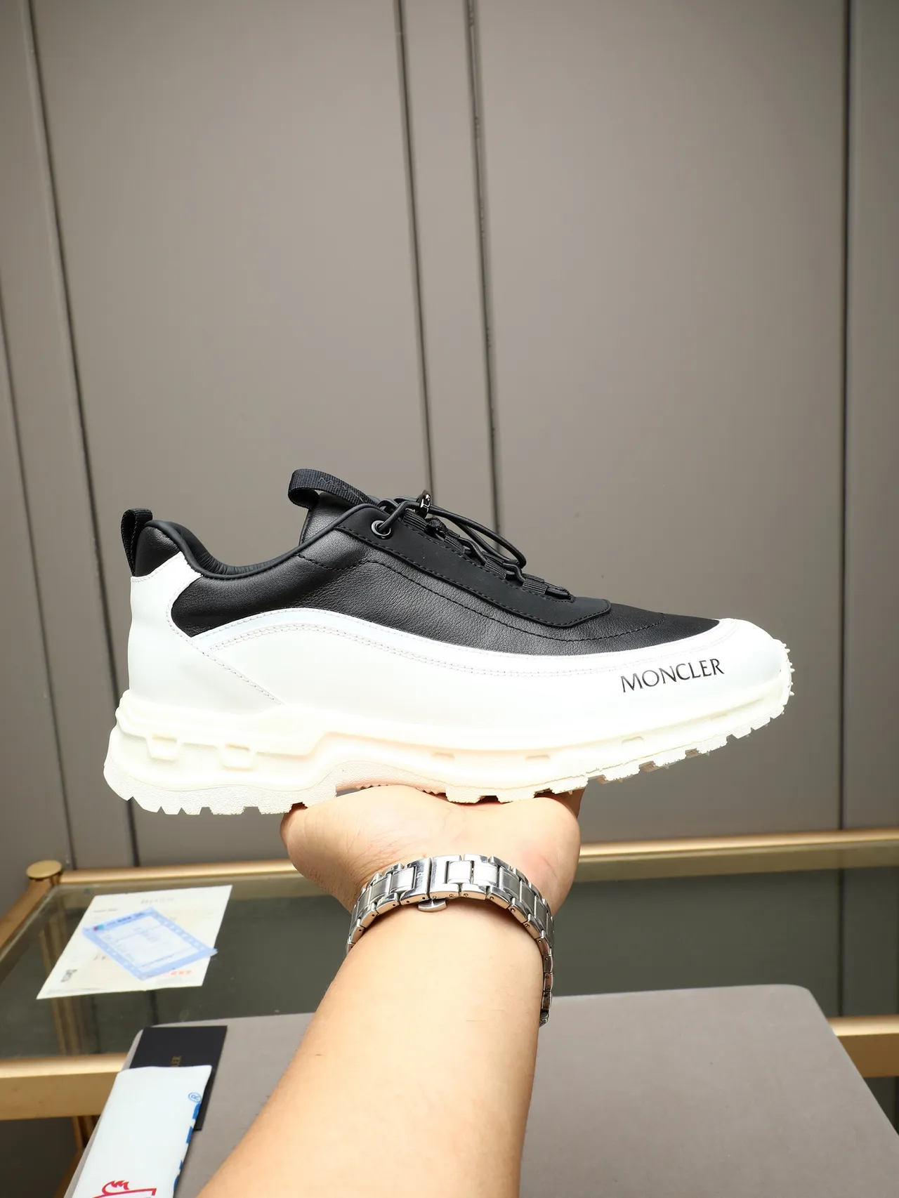 Moncler Black and White Leather Low-Top Sneaker