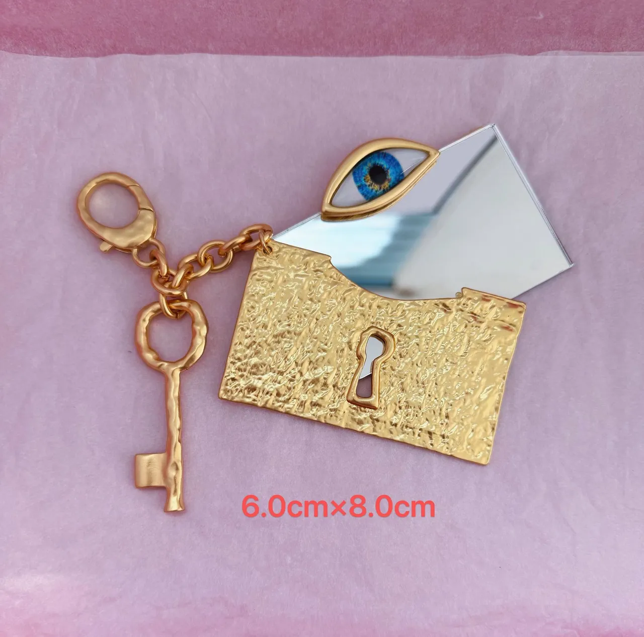 Gold-Tone Textured Plaque Mirror Eye Charm Keychain Bracelet