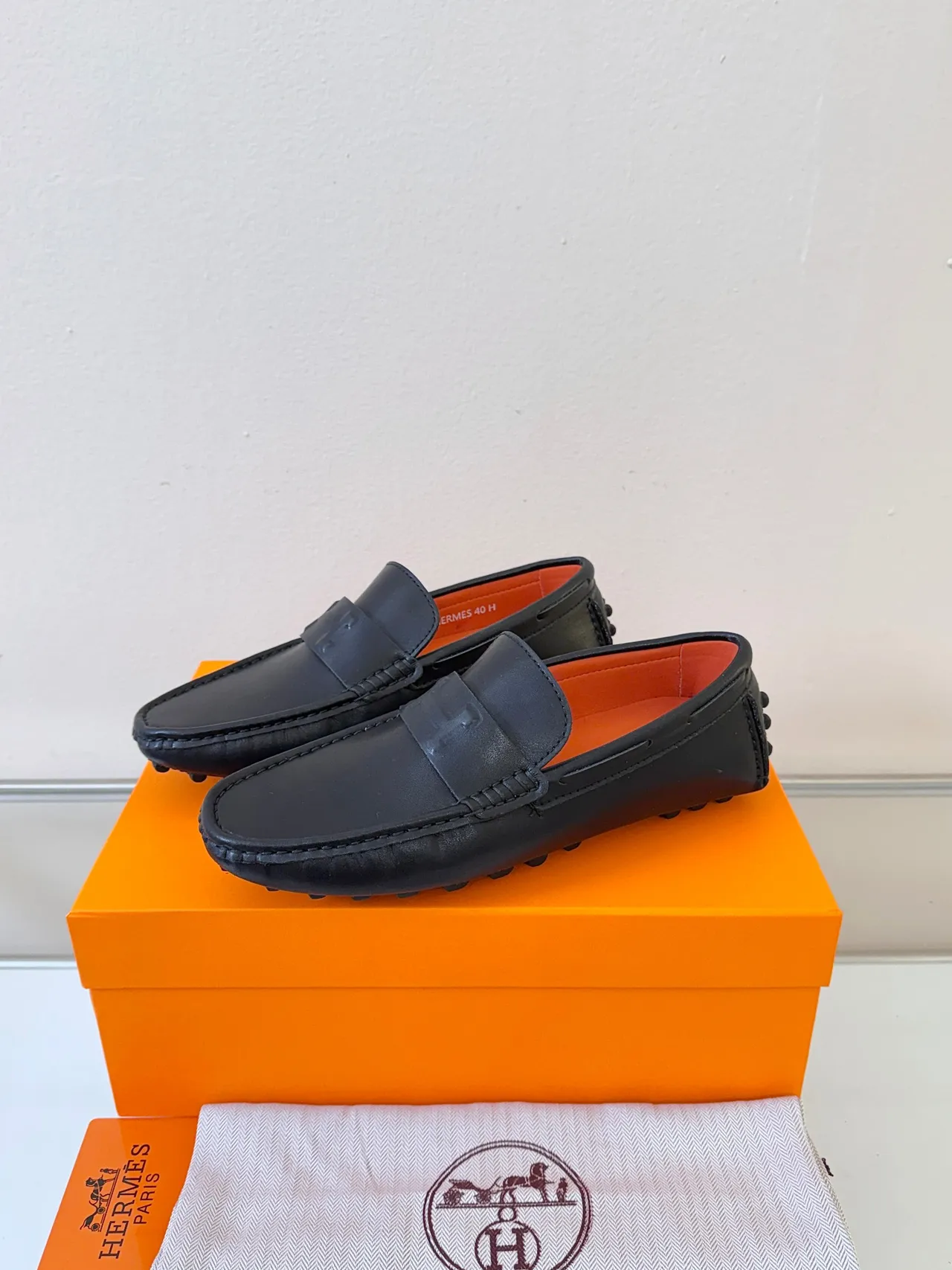 Hermès Oran Black Leather H-Logo Strap Loafers