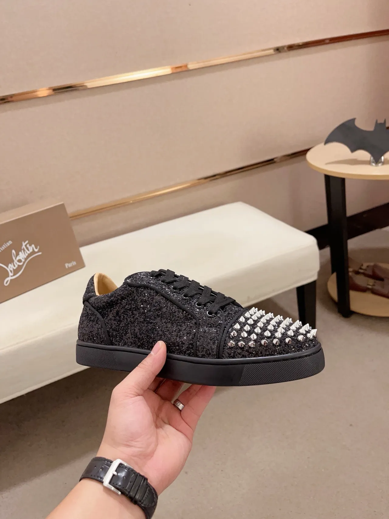 Christian Louboutin Black Silver Glitter Upper Spiked Toe Cap Lifestyle Sneakers