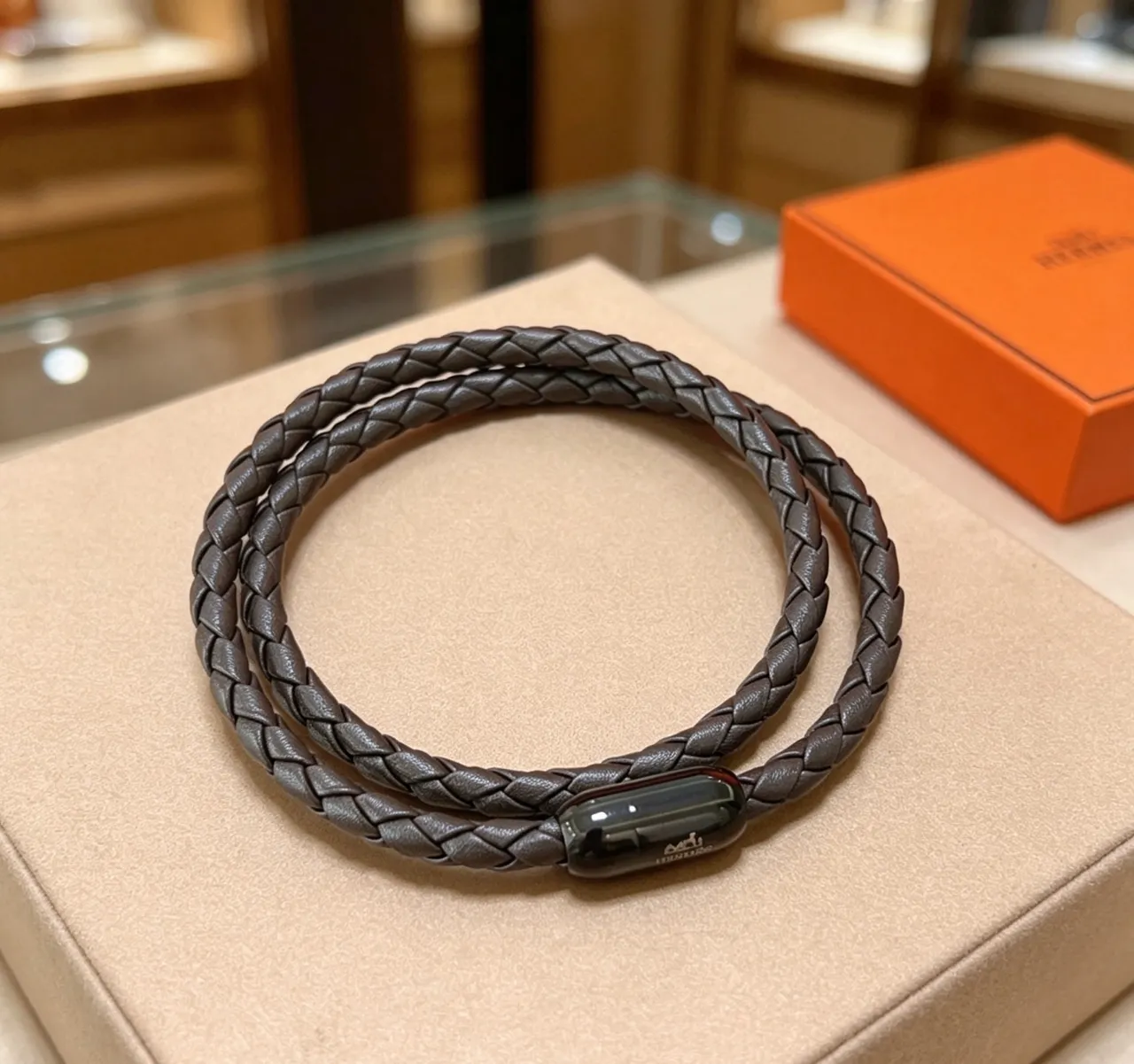Hermès Braided Leather Black Bracelet