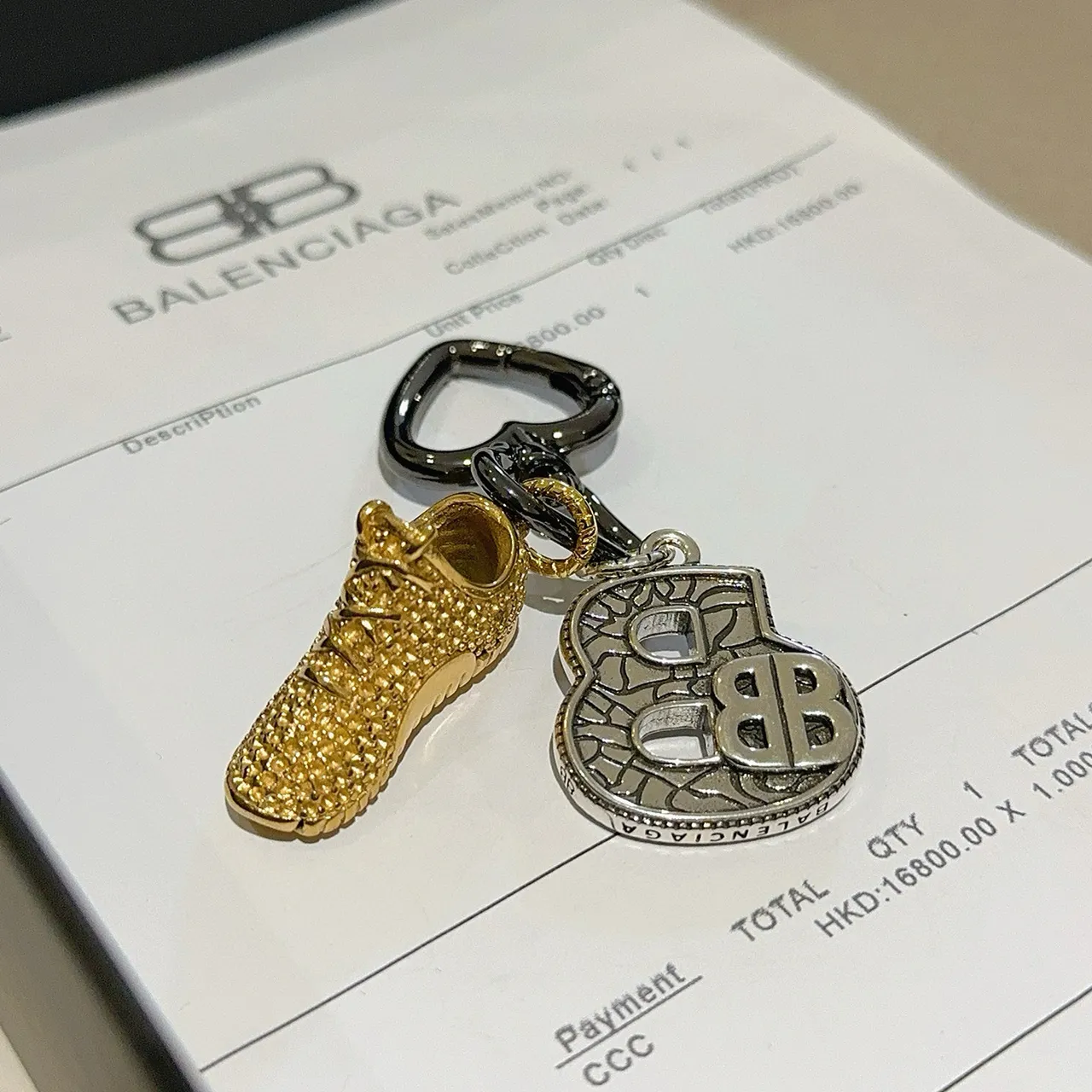 Balenciaga Gold Silver Miniature Sneaker Charm Heart-Shaped BB Logo Bracelet