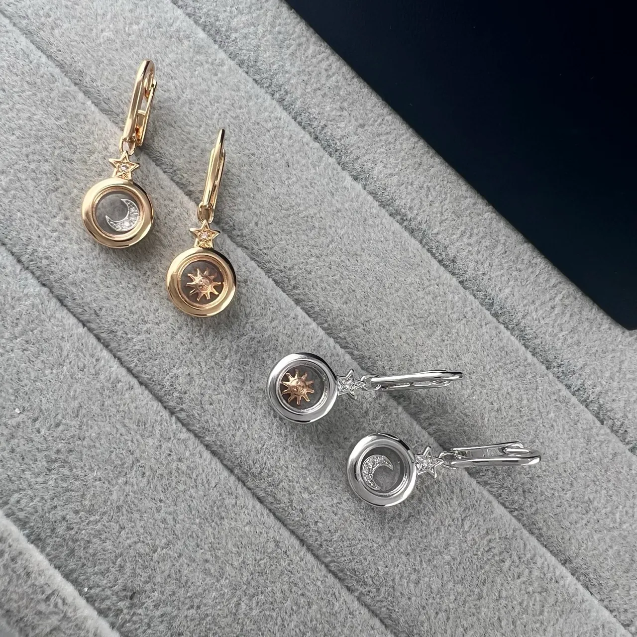 Sun and Moon Motif Crystal Dome Lever-Back Earrings