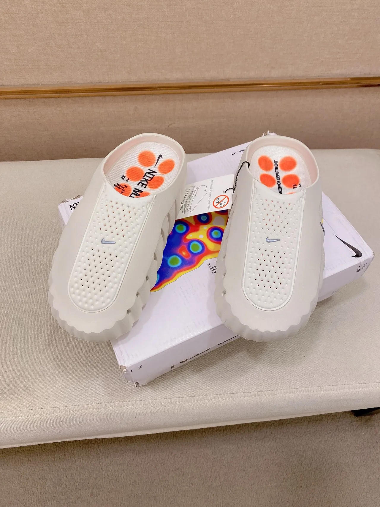 Nike Mind Orange White Molded Wavy Sole Perforated Strap Upper Slippers