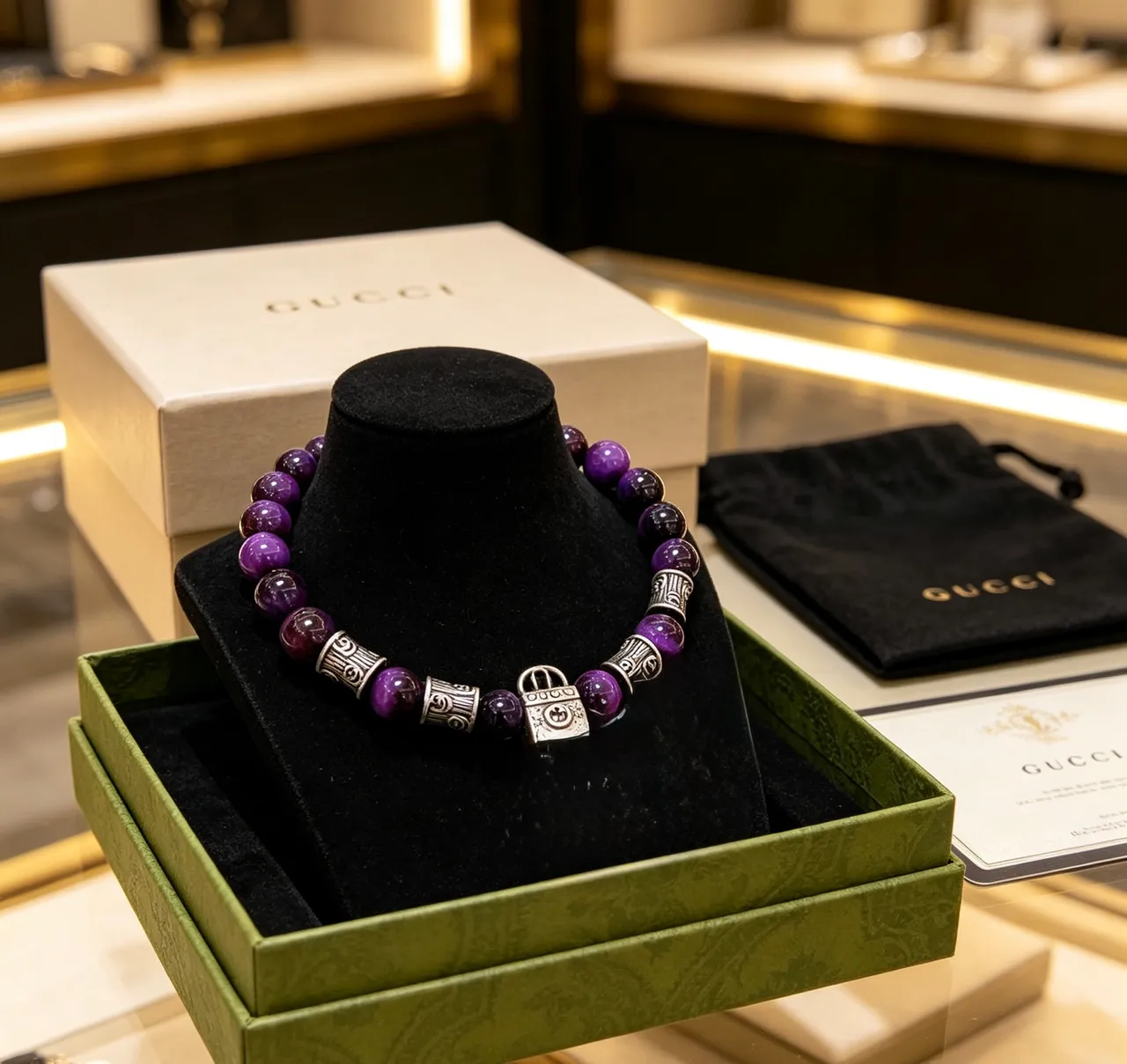Gucci Purple Silver Beaded Lock Charm Bracelet