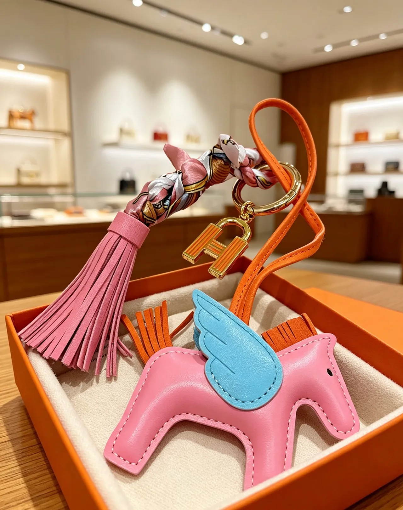Hermès Grigri Pégase Pink Blue Leather Winged Horse Charm Stitched Silhouette Tote Bag