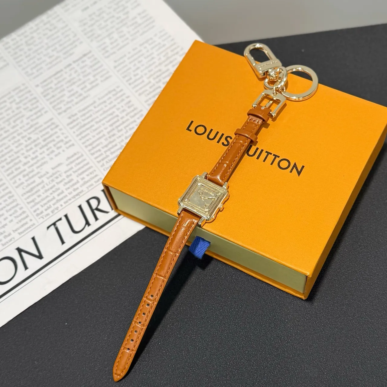 Gold Square Case Textured Leather Strap Watch