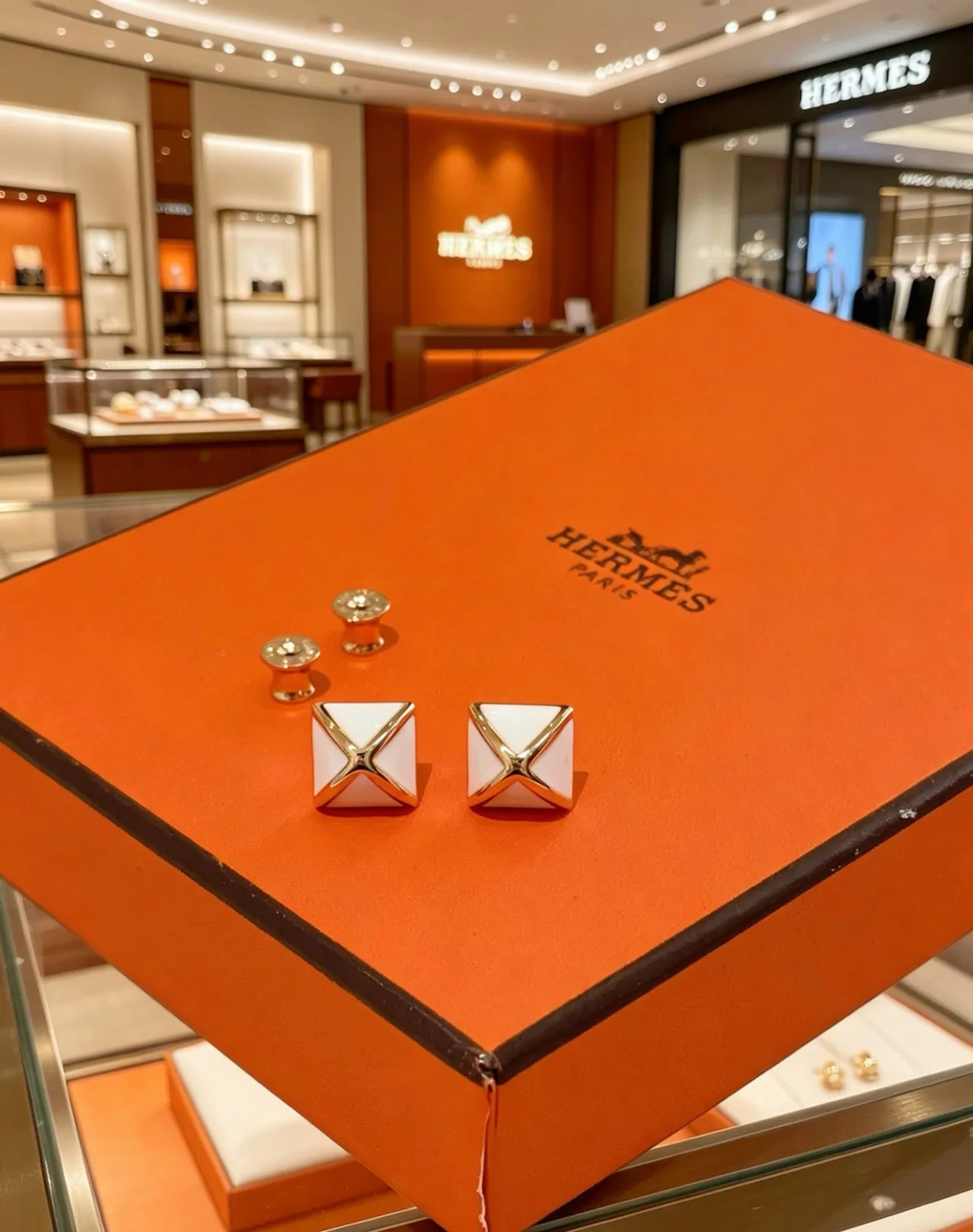 Hermès Collier de Chien White Gold Square Enamel X Motif Earrings