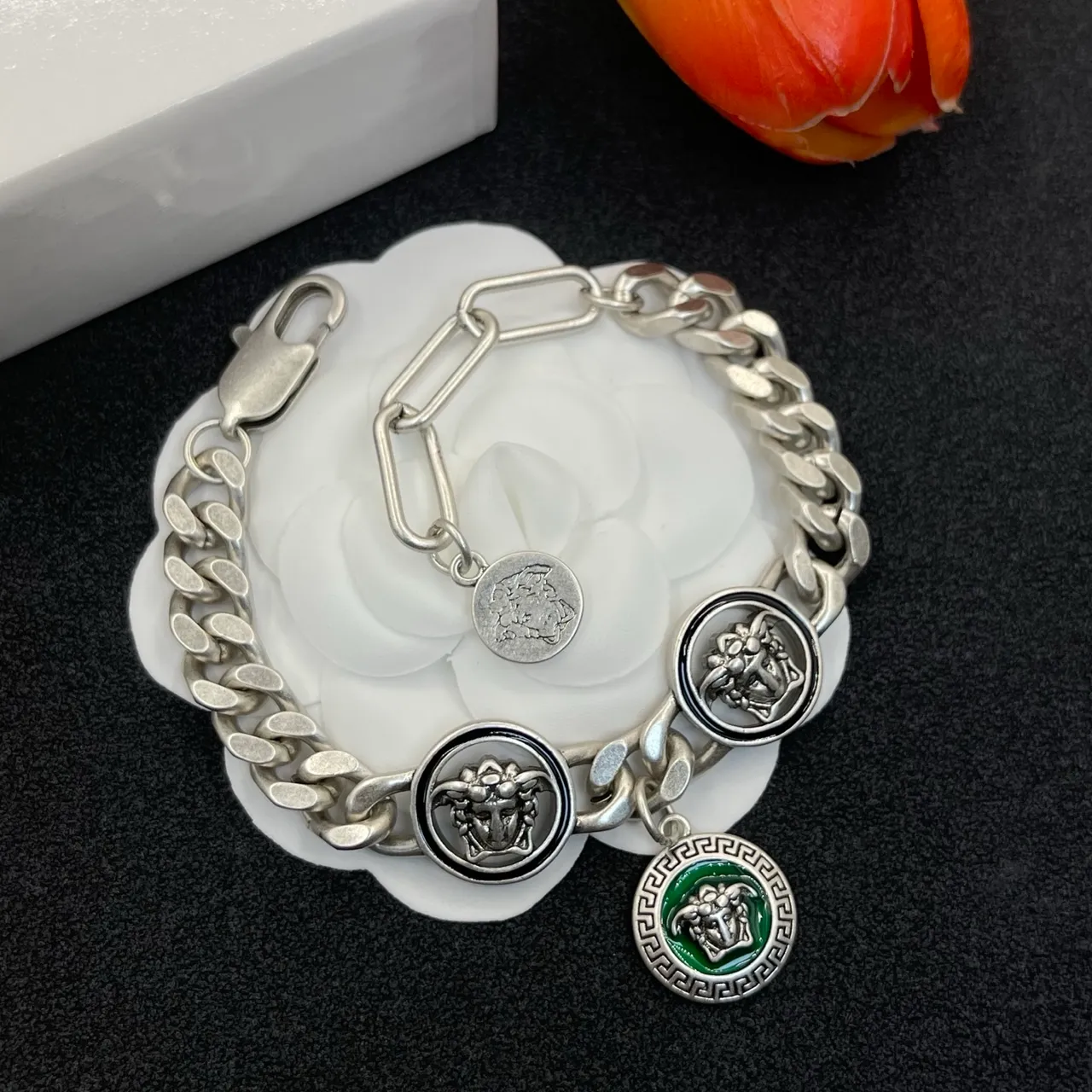 Versace Medusa Charm Bracelet Silver Green Curb Chain Bracelet