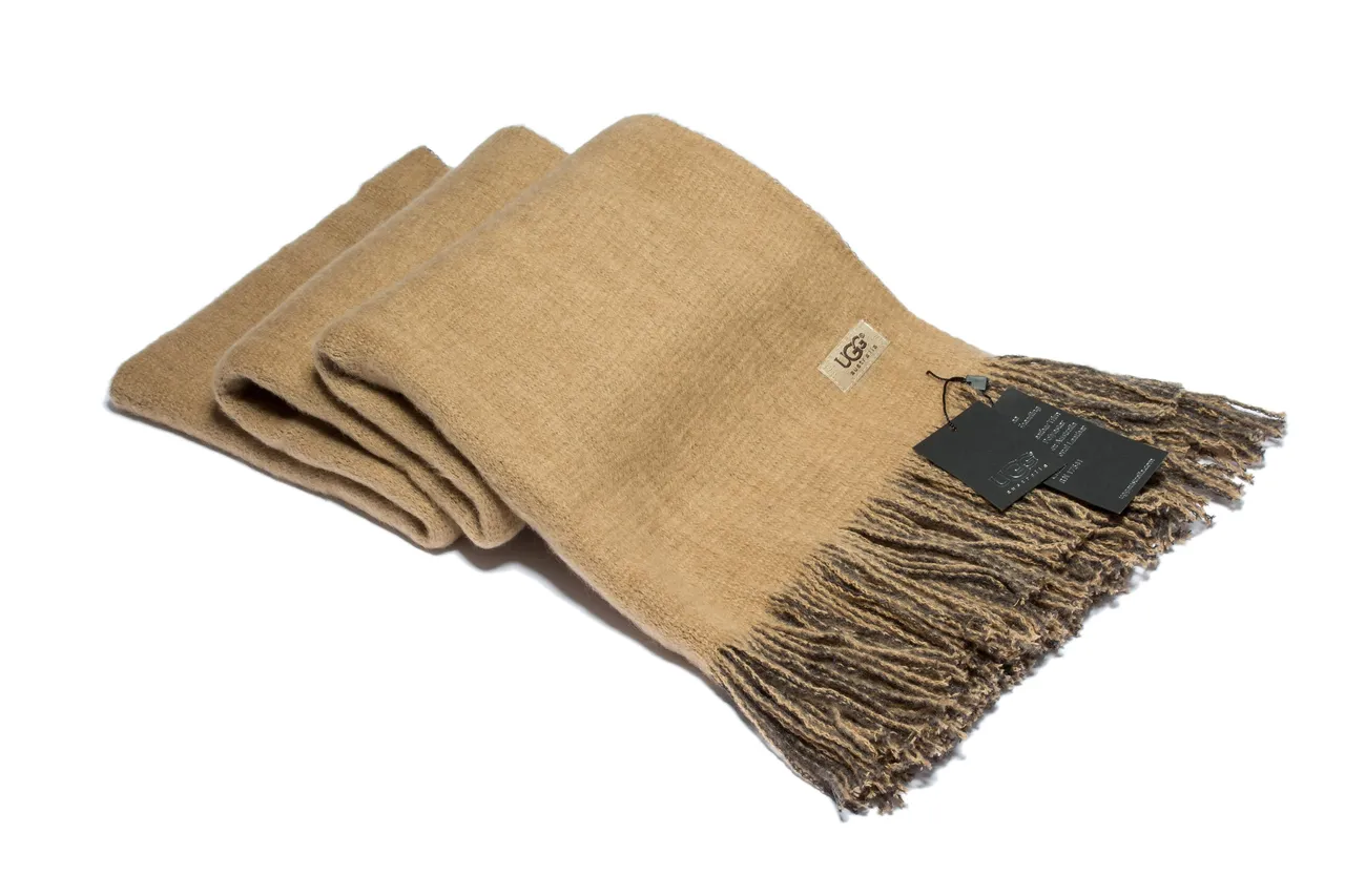 UGG Beige Brown Wool-Like Knit Two-Tone Fringe Cashmere Scarf
