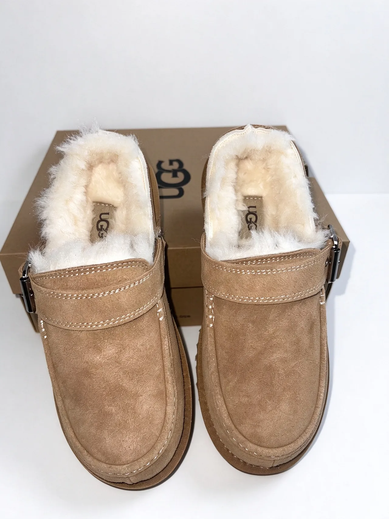 UGG Beige White Suede Upper Shearling-Lined Loafer