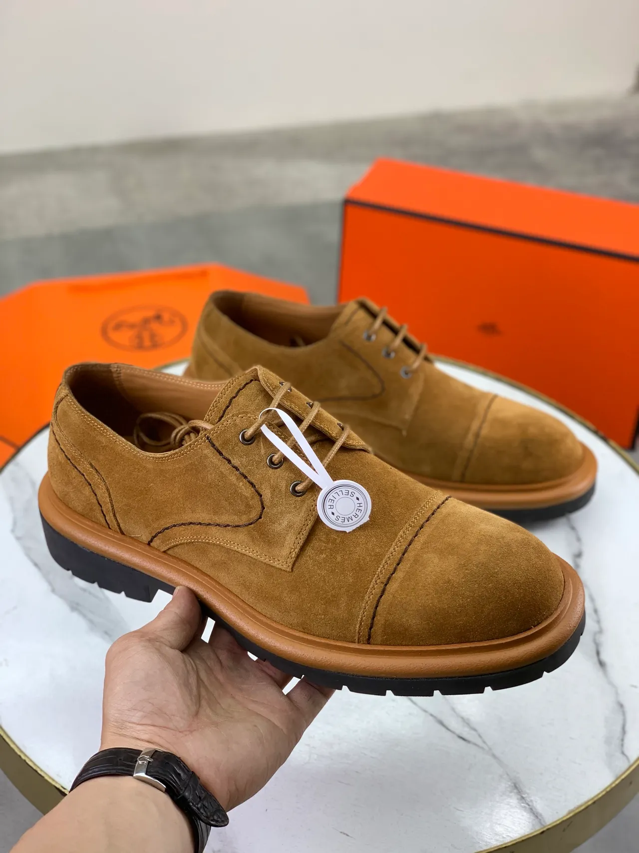 Hermès Brown Beige Suede Cap-Toe Contrast Topstitching Derby Shoes