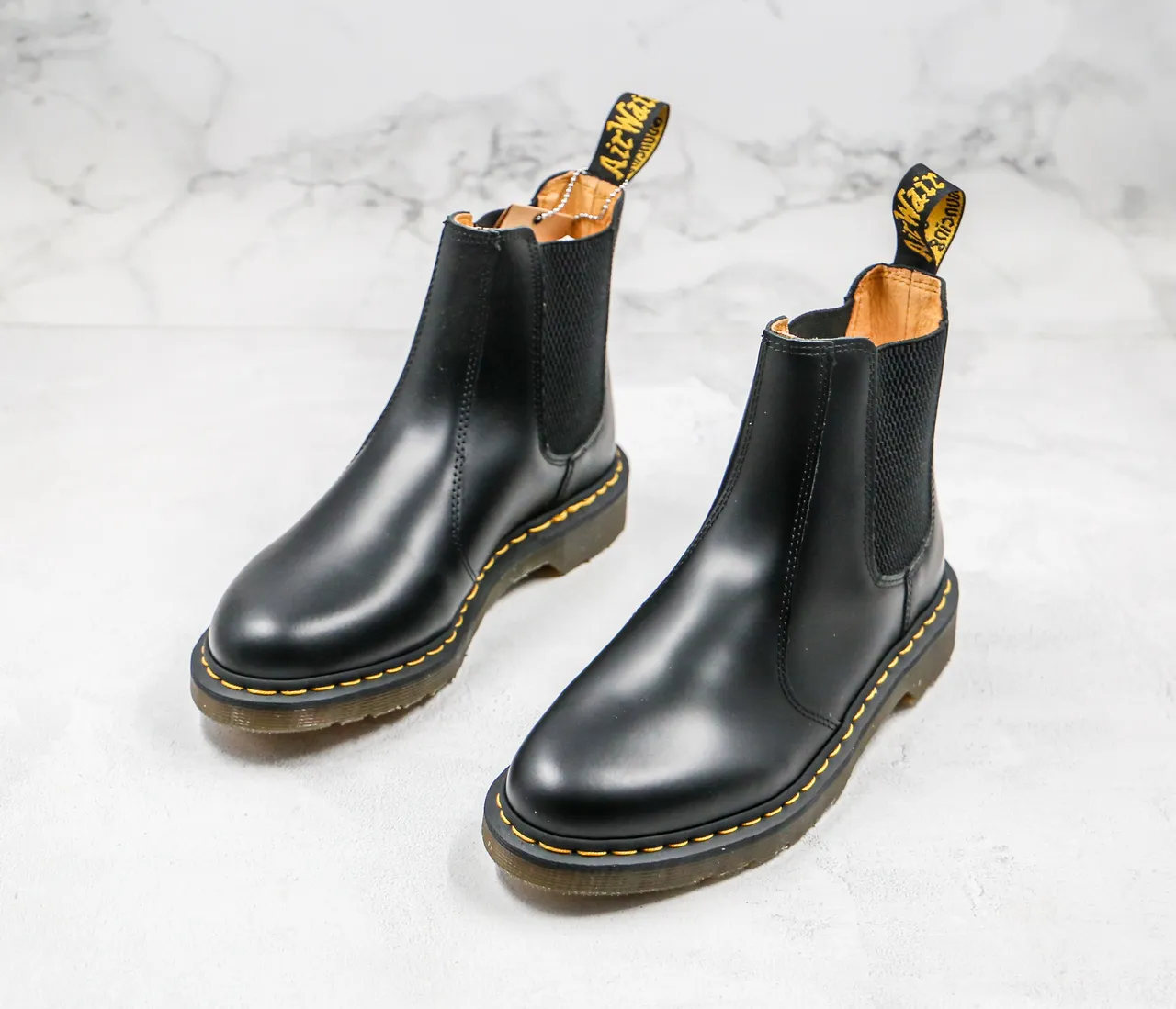 Dr. Martens Chelsea Boot Black Yellow Smooth Leather Welt Stitching Chelsea Boots