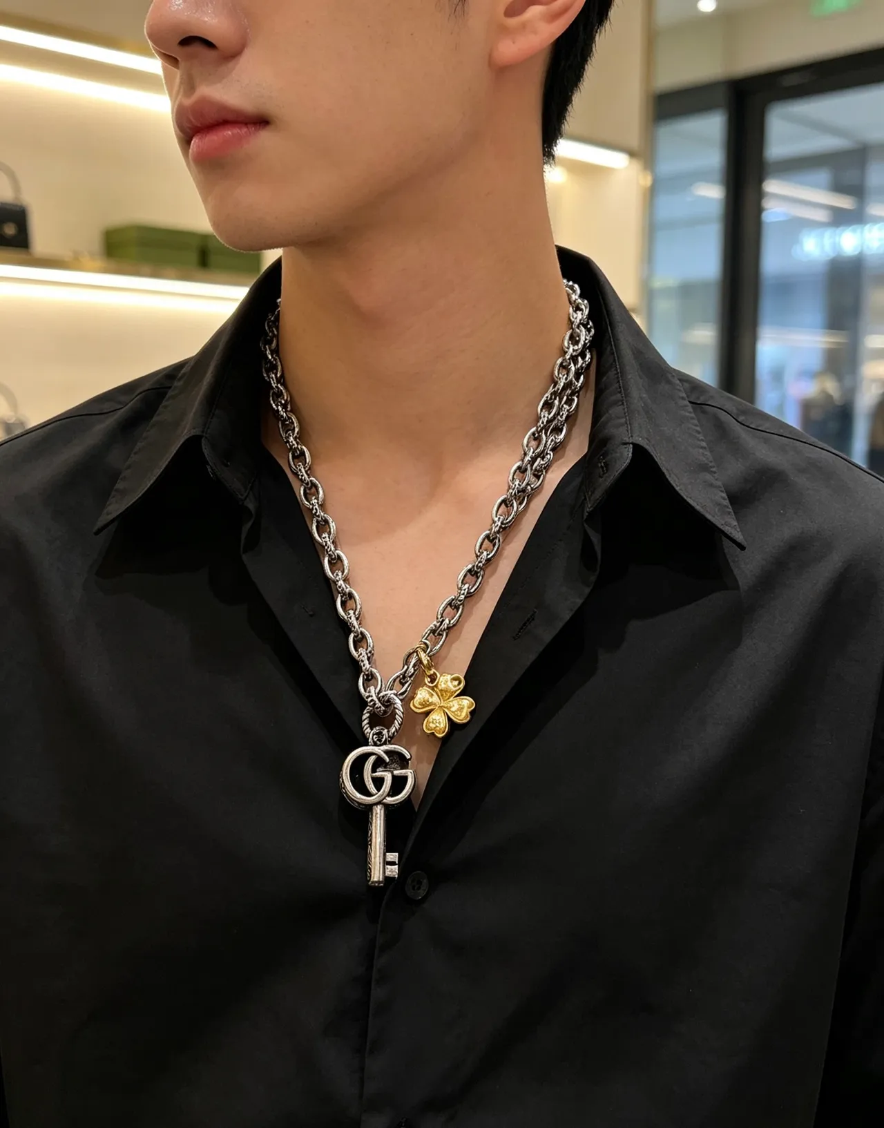 Gucci Silver Gold Oxidized Chain Engraved GG Key Pendant Necklace