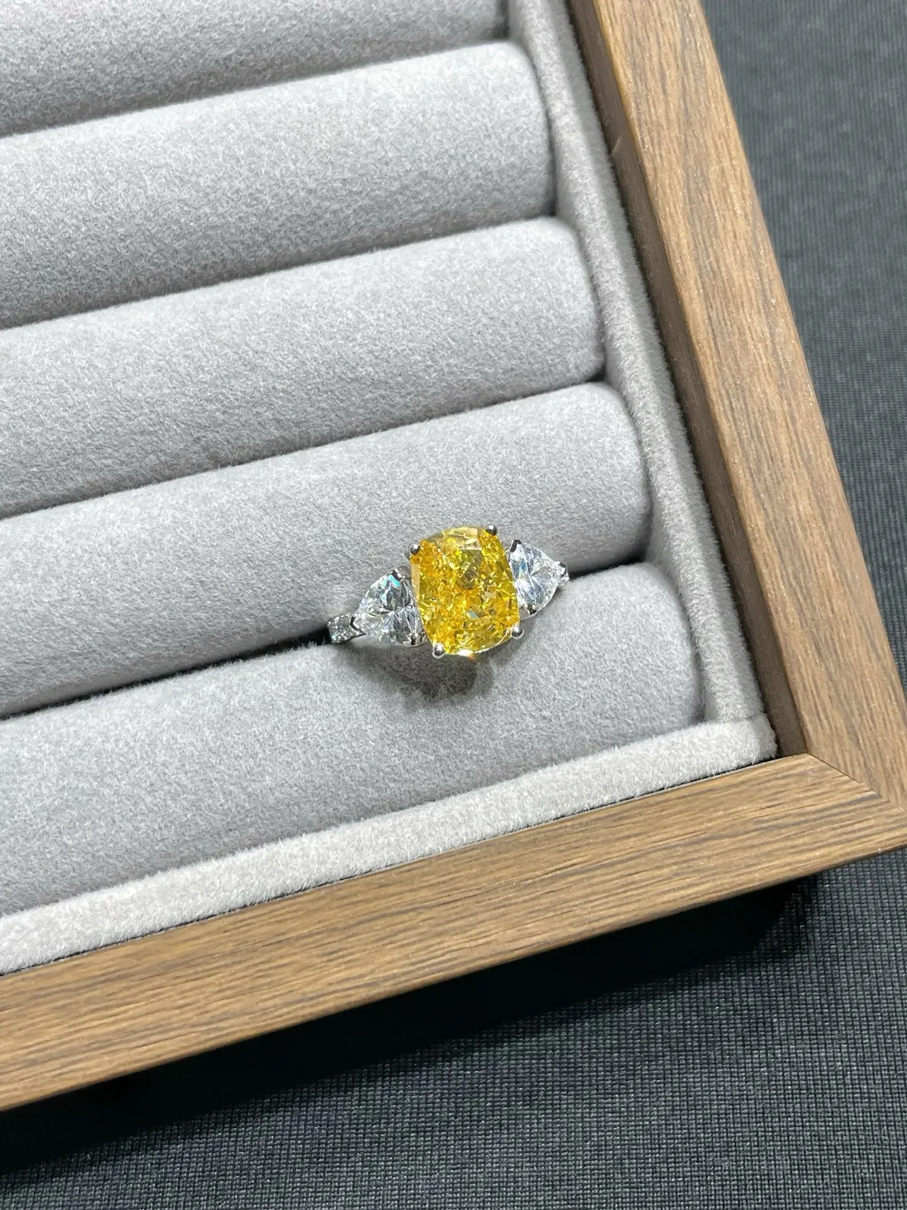 Three-Stone Cushion-Cut Yellow and White Gem Ring