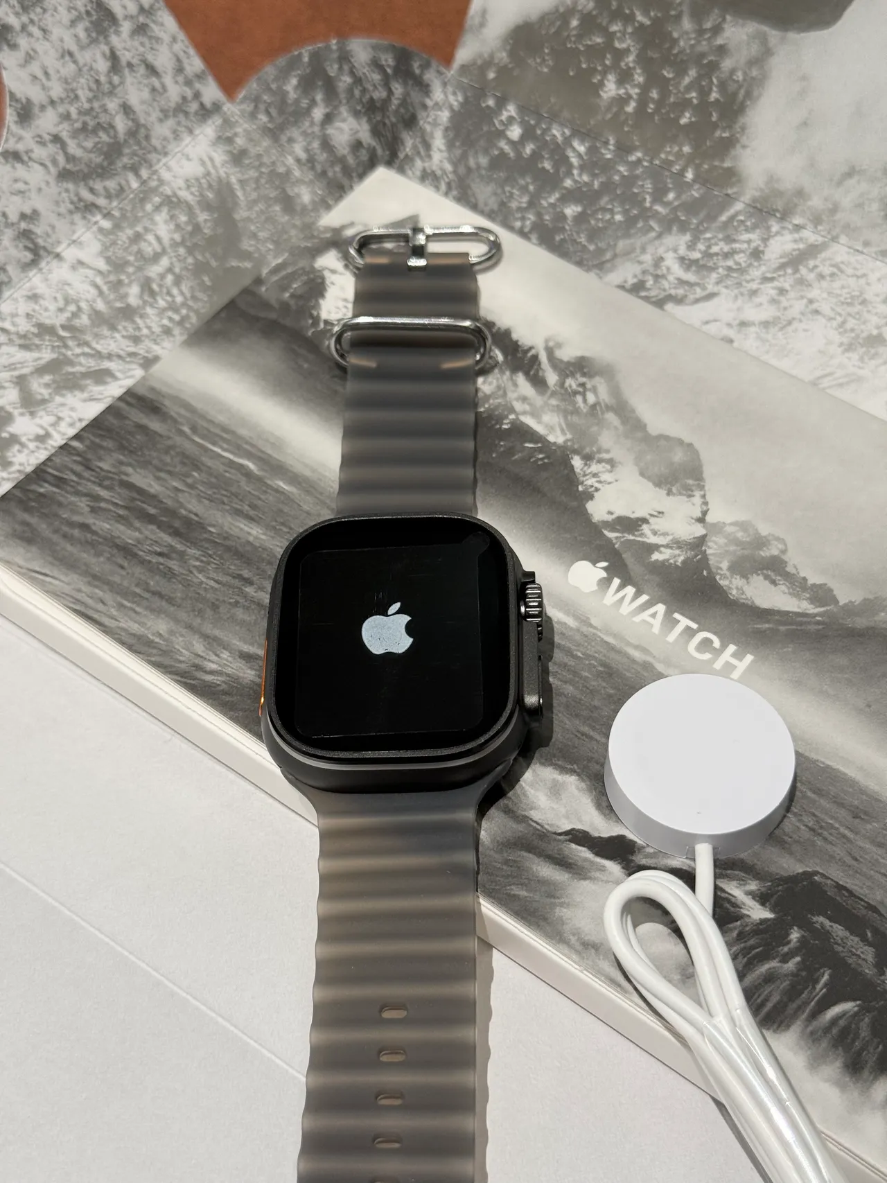 Apple Ultra Gray Orange Square Titanium-Style Case Ribbed Silicone Band Sports Watch