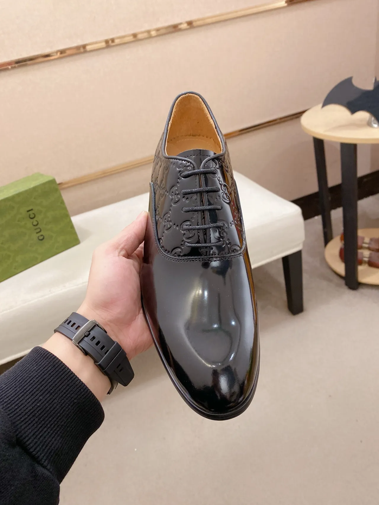 Gucci Black Green Patent Leather GG Monogram Embossed Oxford Shoes