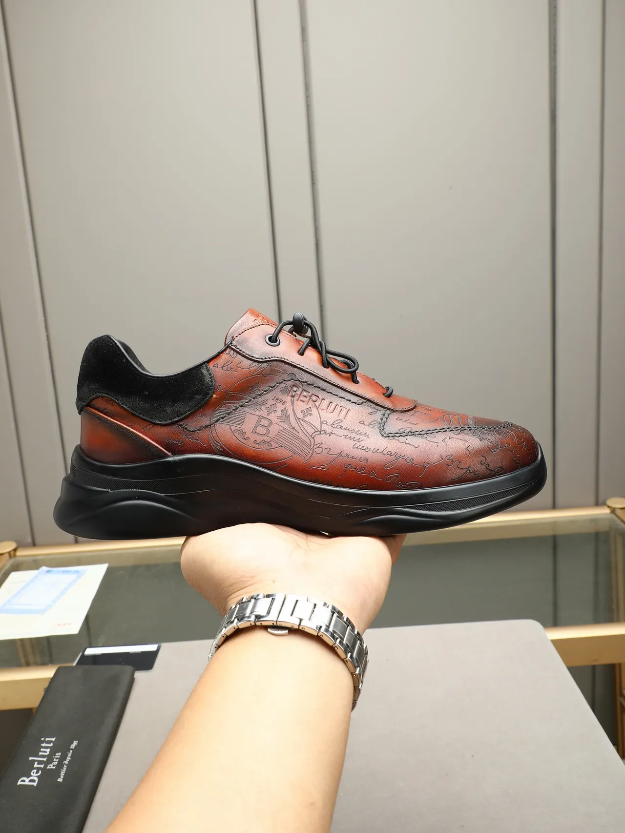 Berluti Embossed Script Leather Brown and Black Casual Shoes