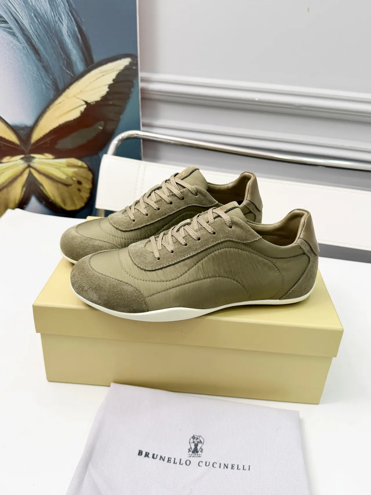 Brunello Cucinelli Olive Green Suede and Textile Lifestyle Sneakers