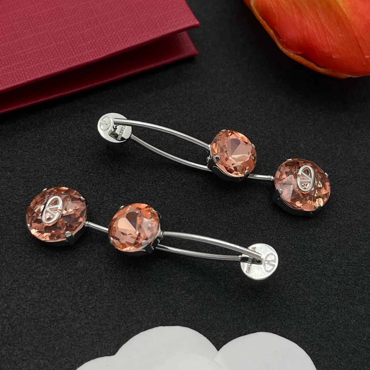 Valentino VLogo Pink Silver Double-Stone Drop Faceted Crystal Earrings