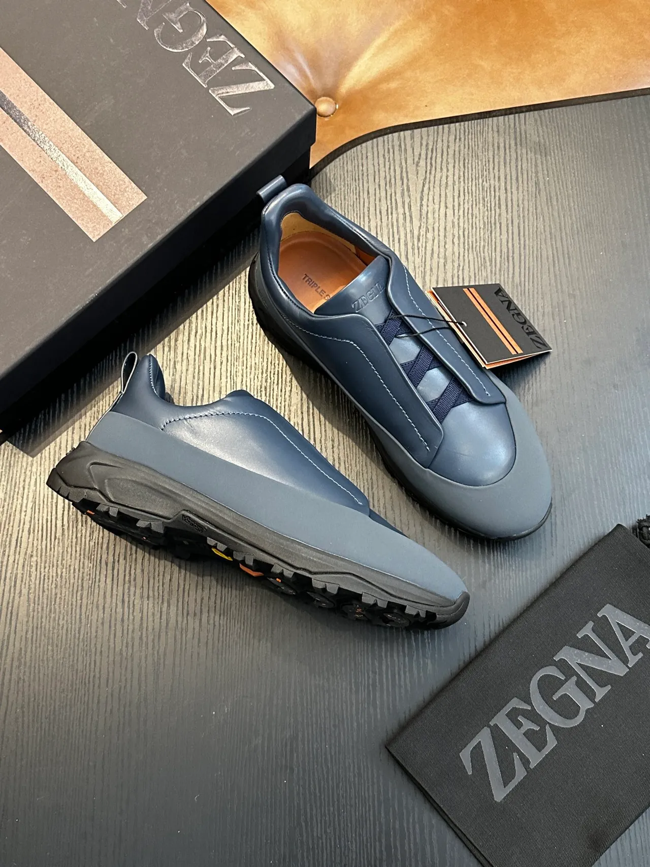Zegna Blue Black Slip-On Construction Leather Upper Lifestyle Sneakers