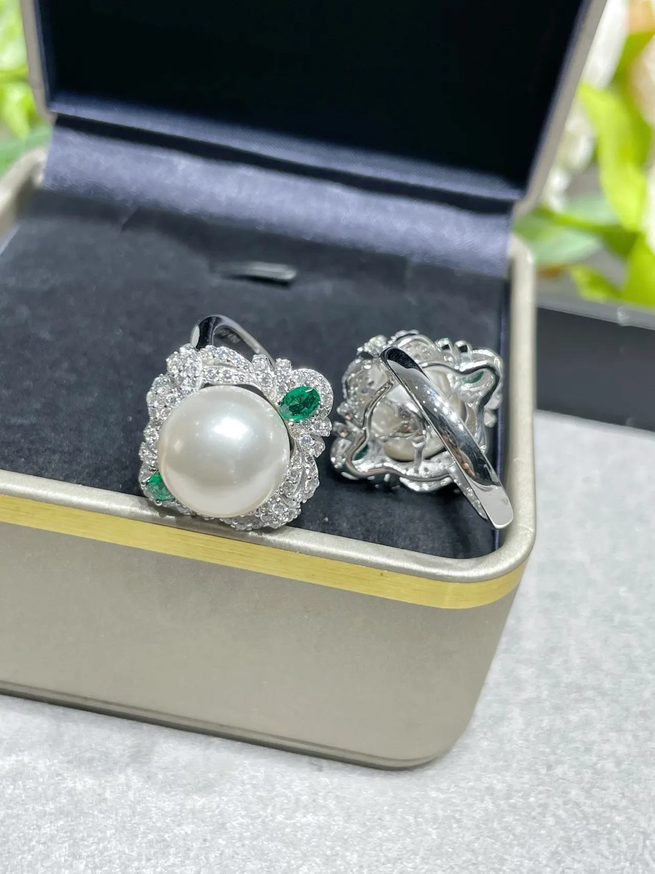 Pearl and Emerald Pavé Halo Earrings