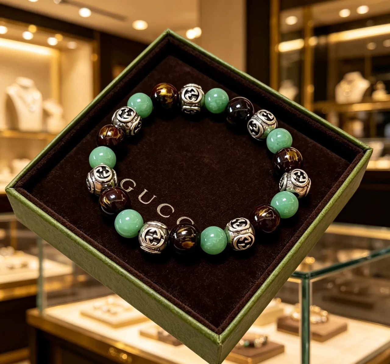 Gucci Green Brown Beaded Spherical Stone Beads Bracelet