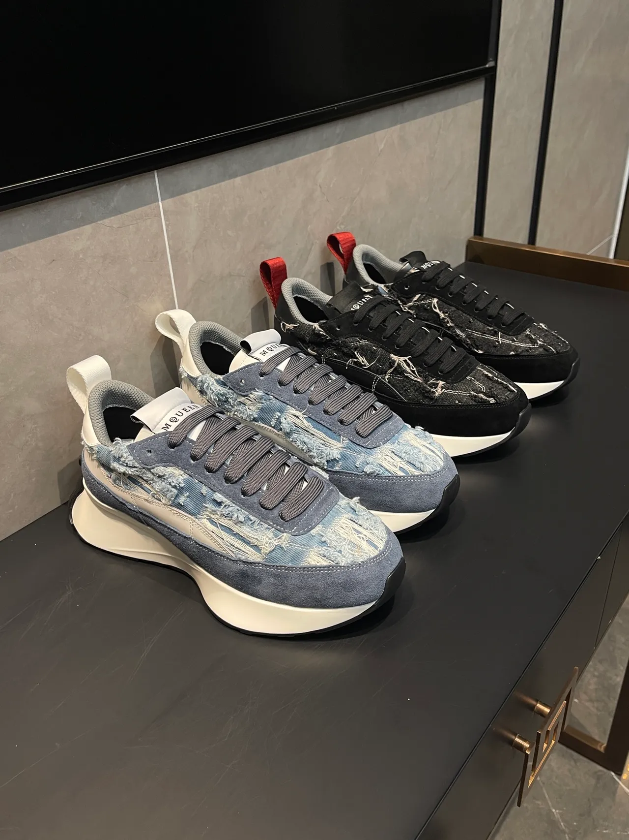Alexander McQueen Oversized Sneaker Distressed Denim and Suede Lifestyle Sneaker