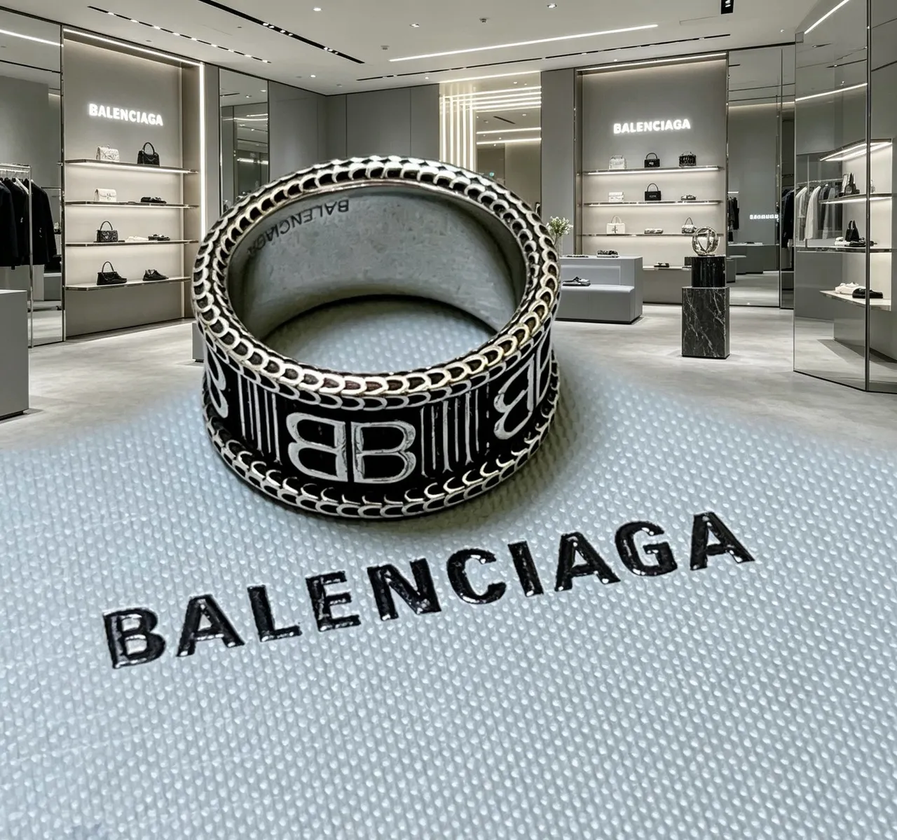 Balenciaga Logo Ring Silver Black Wide Band Engraved Ring