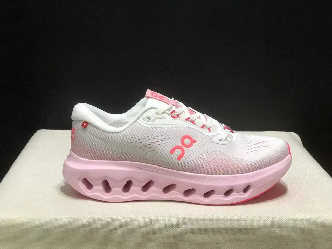 On Cloudmonster Gray Green Engineered Mesh Upper Open Hexagonal CloudTec Pods Running Shoes