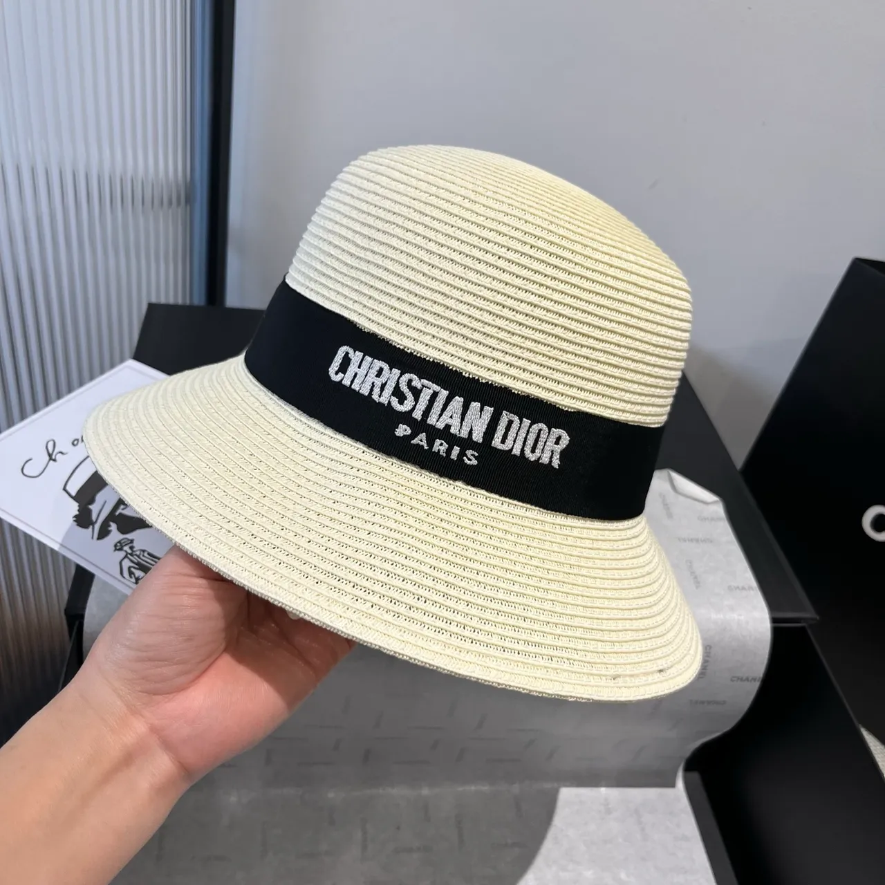 Dior Beige Black Woven Straw-Like Texture Structured Ribbed Crown Fedora