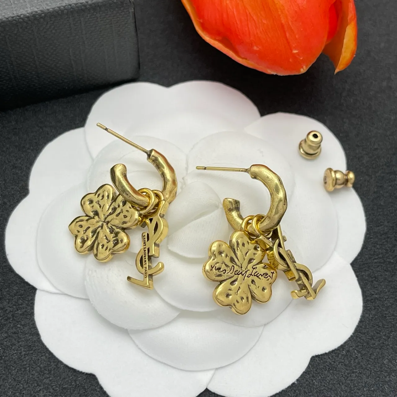 Saint Laurent Monogram Clover Gold-Tone Earrings