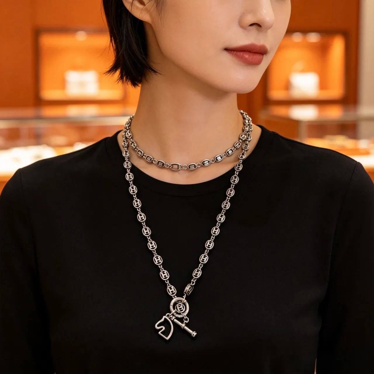 Hermès Silver Black Logo-Link Chain Necklace