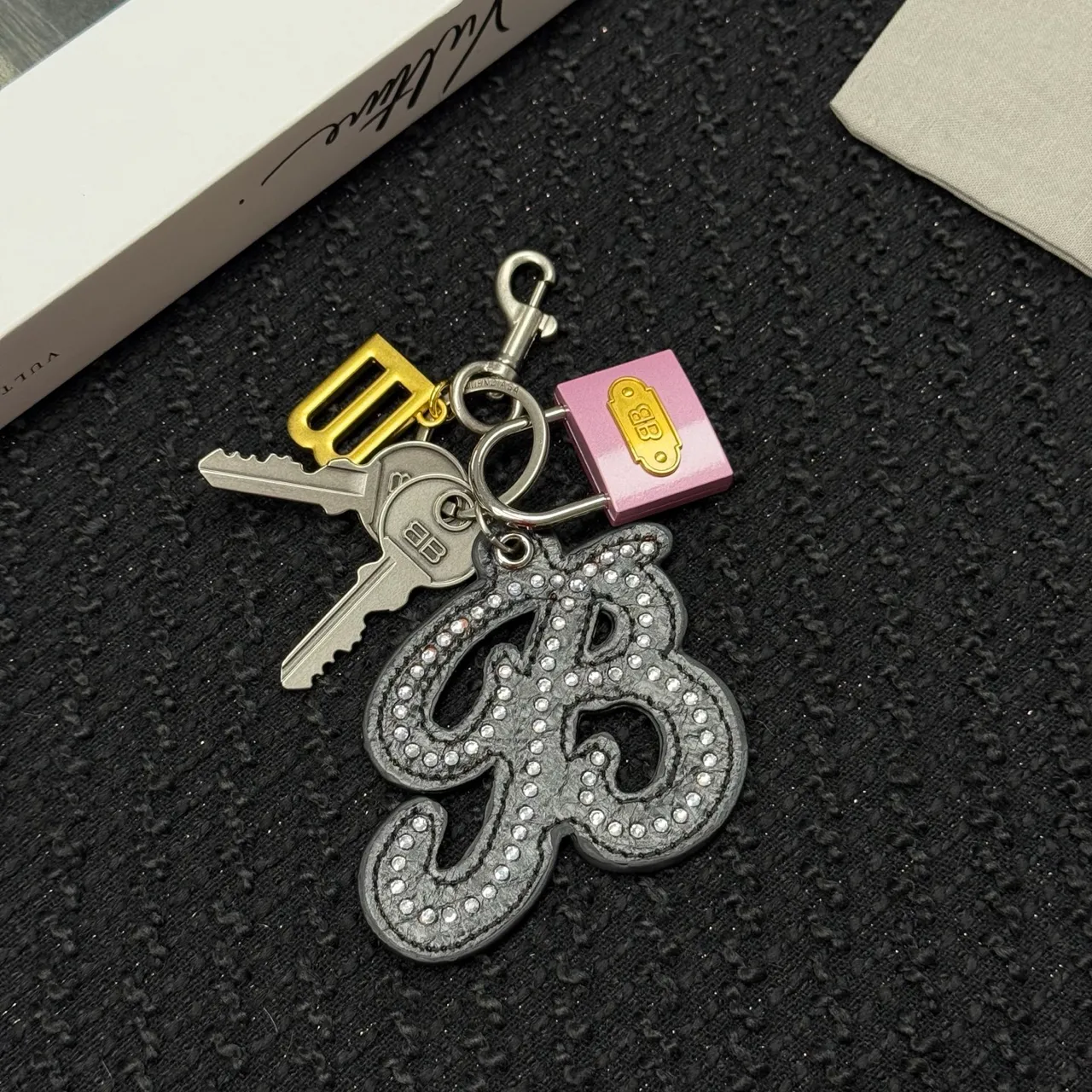 Balenciaga Silver Pink Crystal-Embellished Logo-Charm Jewelry