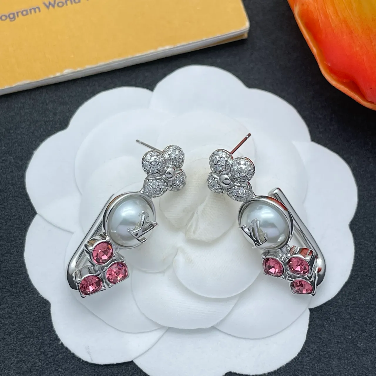 Louis Vuitton Floral Pearl and Pink Crystal Earrings
