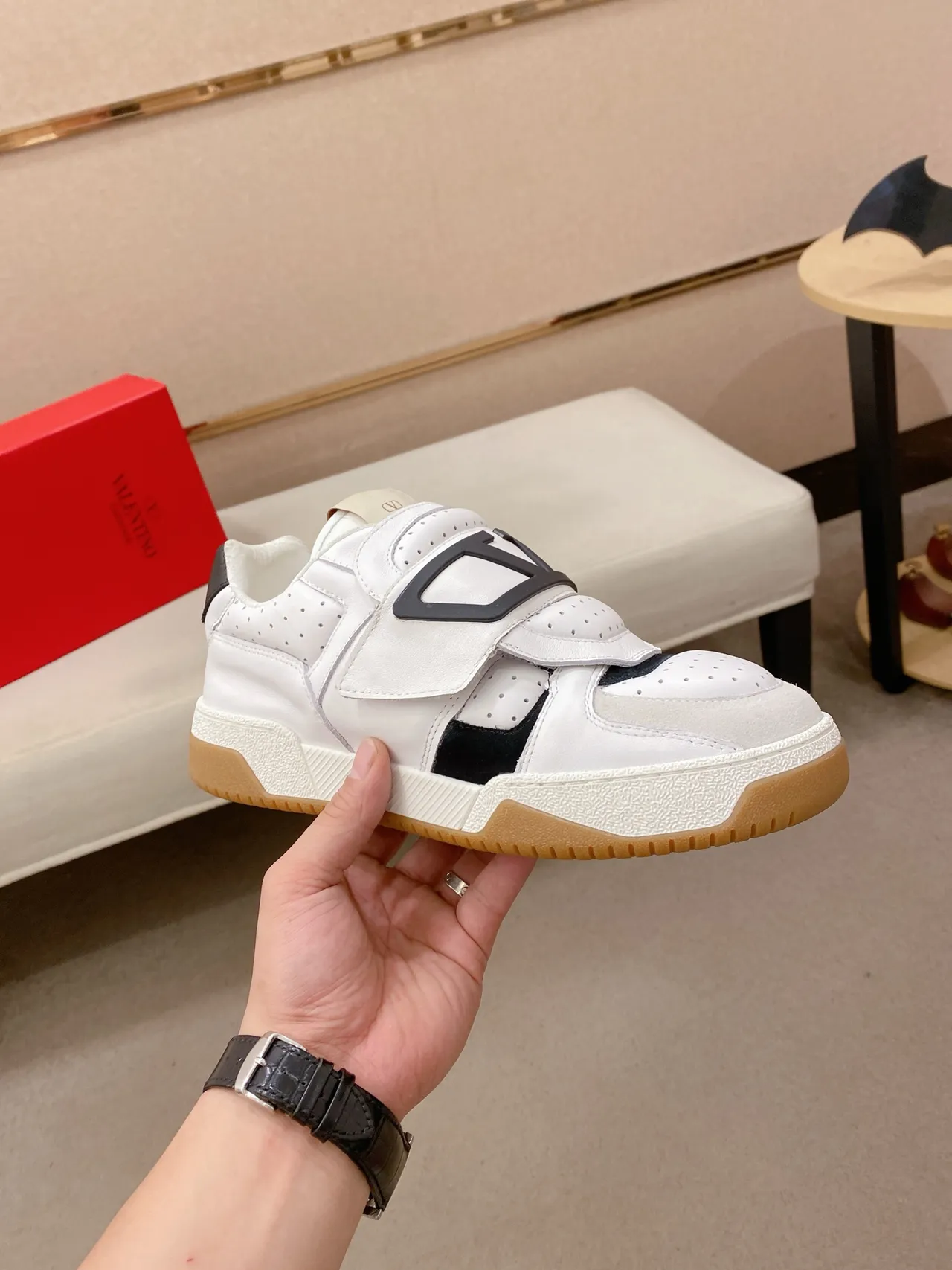 White Black Strap-and-Buckle Closure Perforated Leather Upper Sneakers