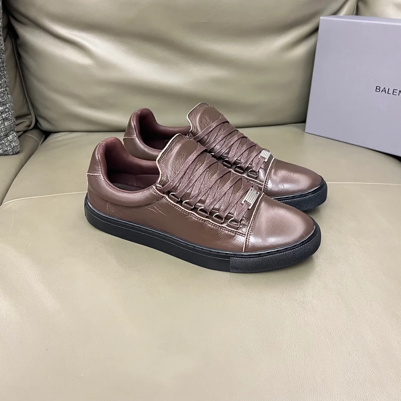 Balenciaga Speed Trainer Brown Leather Strap Laceless Lifestyle Sneaker